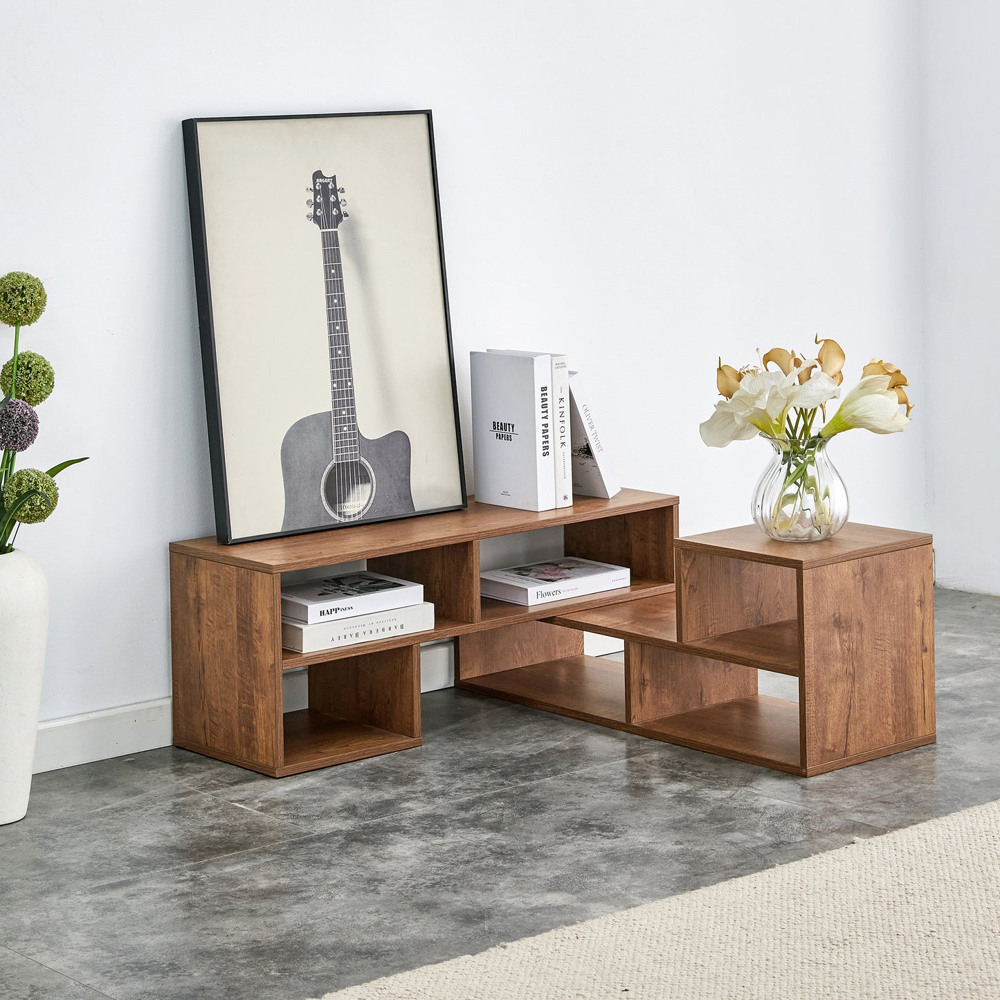 Fortune Candy L-Shaped Adjustable TV Stand for TVs up to 70'', MDF Entertainment Center with Open Shelves for Living Room or Apartment, Walnut