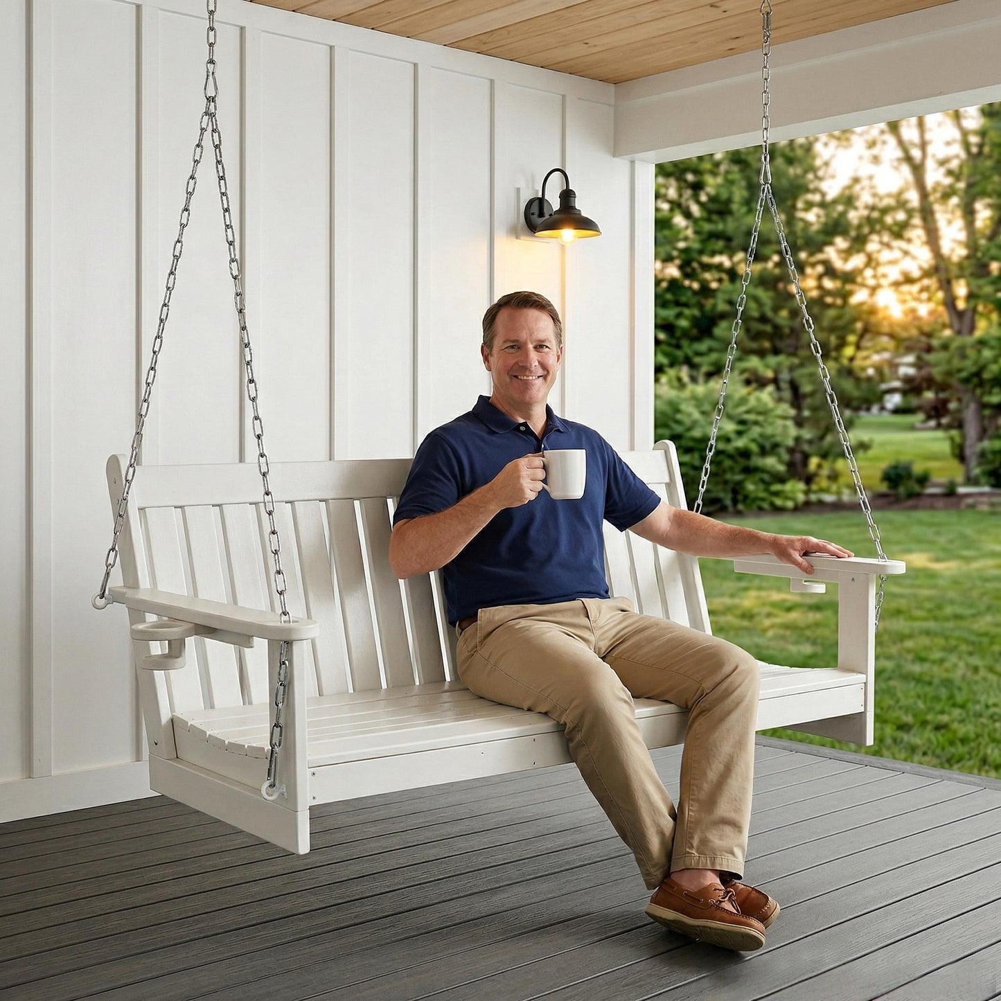 HDPE 3-Seater Porch Swing, 5-Feet Bench Swing with Foldable Cup Holders,18/8 Stainless Steel Hardware, High Backrest and Deep Contoured Seat (White, 5-feet)