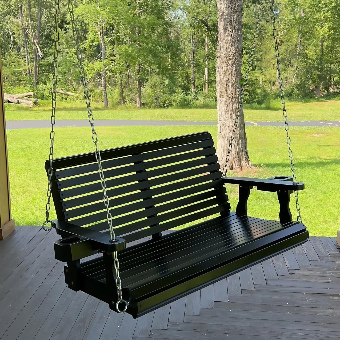 Fortune Candy 4 ft. Wooden Porch Swing 2-Seater for Outdoor Patio Garden Yard (Black)