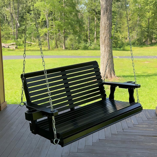 Fortune Candy 4 ft. Wooden Porch Swing 2-Seater for Outdoor Patio Garden Yard (Black)