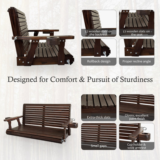 Fortune Candy 4.5 ft. Wooden Porch Swing 2-Seater for Outdoor Patio Garden Yard (Chocolate Tone)