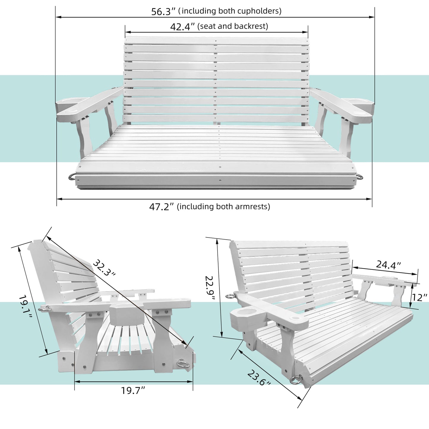 Fortune Candy 4 ft. Wooden Porch Swing 2-Seater for Outdoor Patio Garden Yard (White)