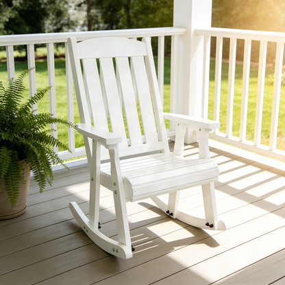 Wooden Patio Rocking Chair with Comfortable Backrest Inclination, High Backrest and Deep Contoured Seat, Solid Fir Wood, Heavy Duty 600 LBS, for Both Outdoor and Indoor (White - 3 Pieces)