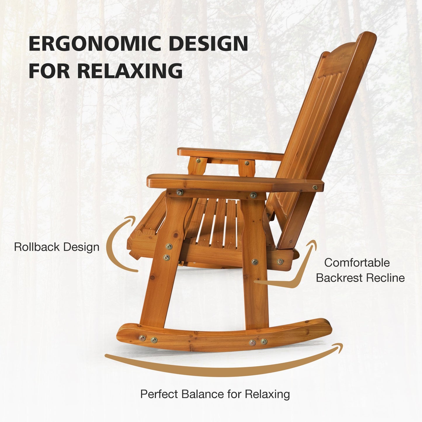 Wooden Patio Rocking Chair with Comfortable Backrest Inclination, High Backrest and Deep Contoured Seat, Solid Fir Wood, Heavy Duty 600 LBS (Natural, 2 Pieces)
