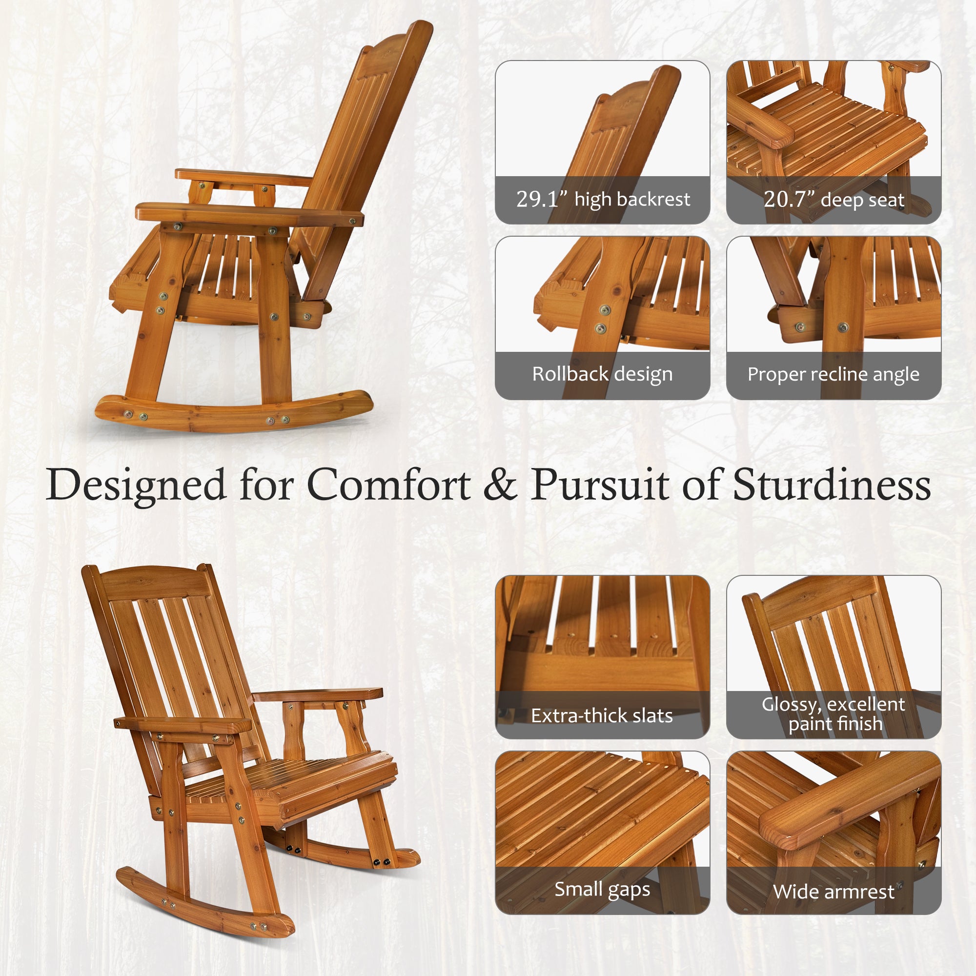 Fortune Candy 2 PCS Solid Fir Wood Outdoor Rocking Chair with Deep Contour Seat, Heavy Duty 600 lbs for Patio Porch and Yard, Brown