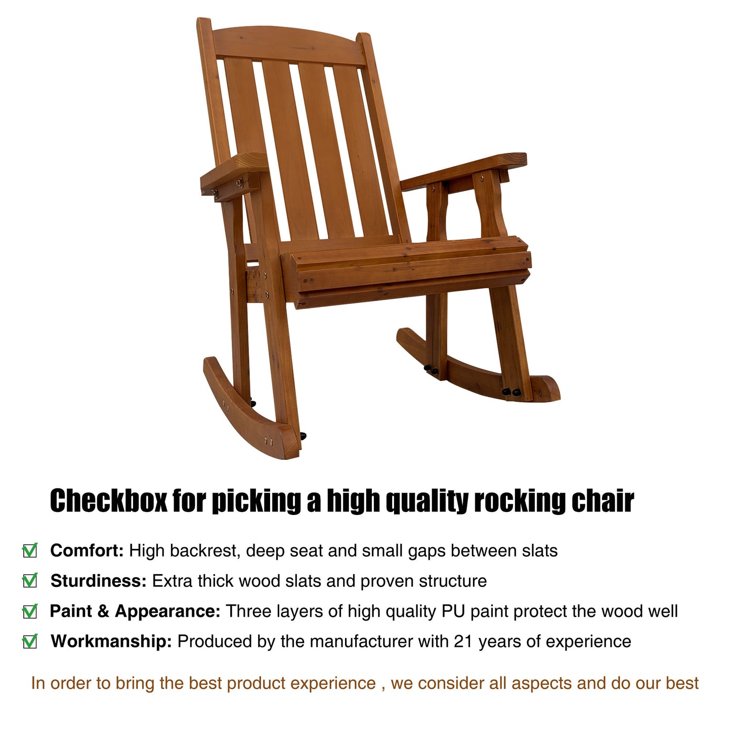 Wooden Rocking Chair with Comfortable Backrest Inclination, High Backrest and Deep Contoured Seat
(Brown with table)