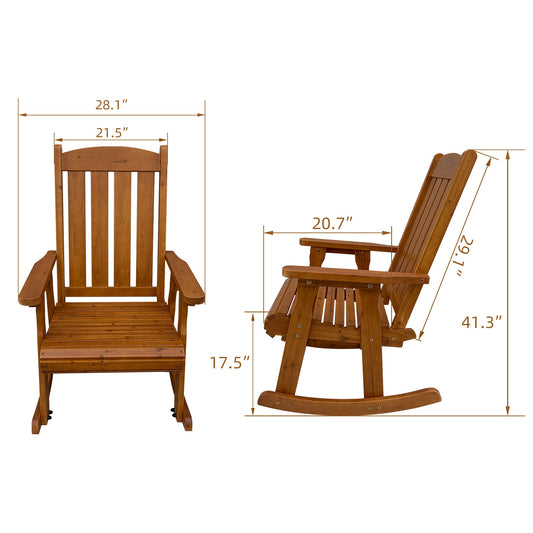 Wooden Patio Rocking Chair with Comfortable Backrest Inclination, High Backrest and Deep Contoured Seat, Solid Fir Wood, Heavy Duty 600 LBS, for Both Outdoor and Indoor (Natural)