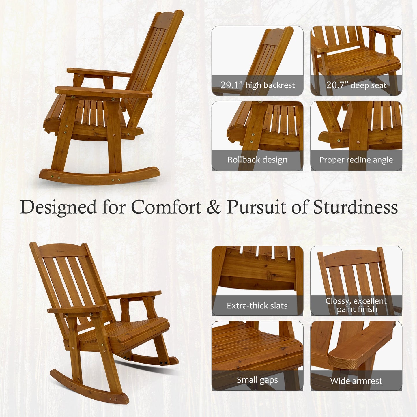 Wooden Rocking Chair with Comfortable Backrest Inclination, High Backrest and Deep Contoured Seat
(Brown with table)