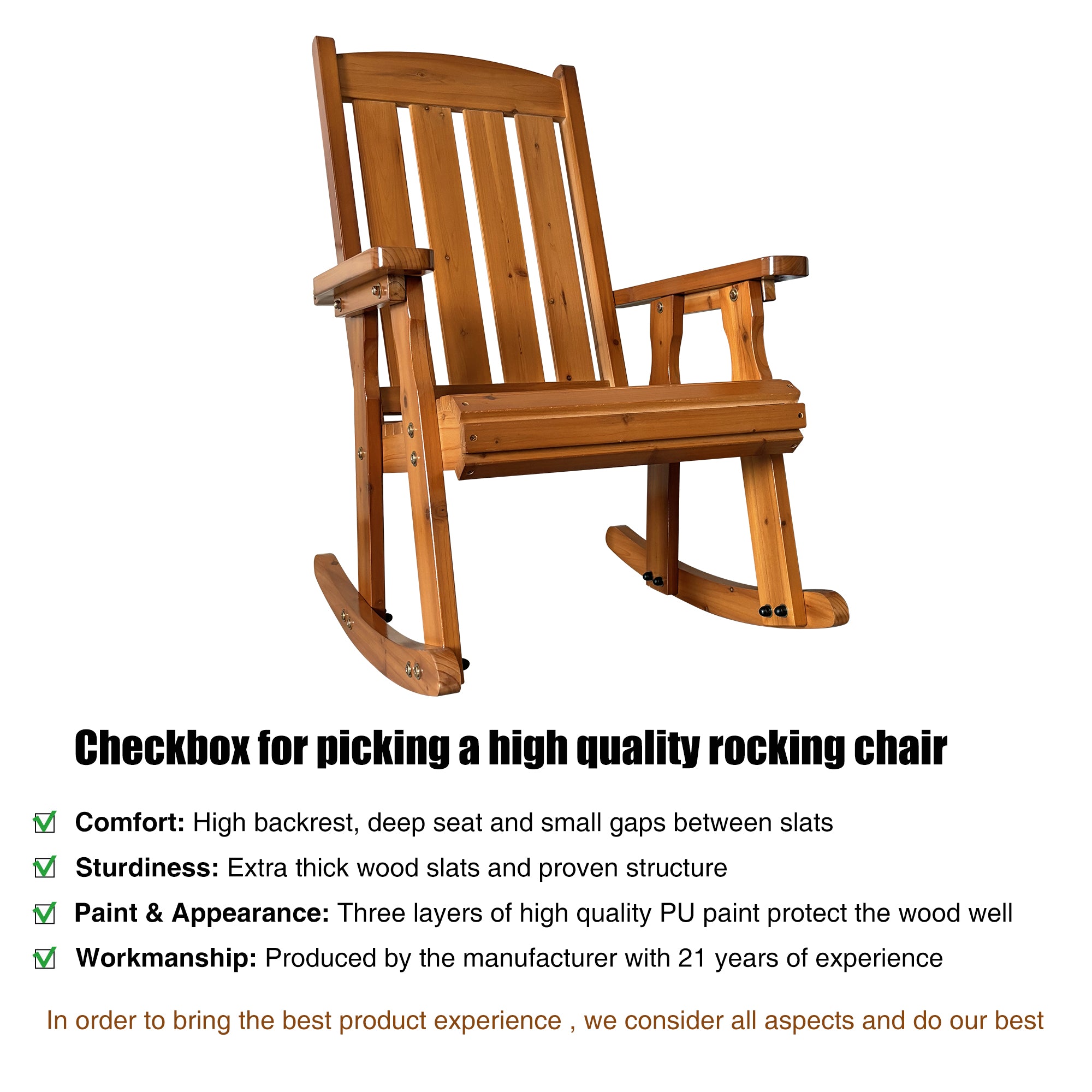 Fortune Candy 2 PCS Solid Fir Wood Outdoor Rocking Chair with Deep Contour Seat, Heavy Duty 600 lbs for Patio Porch and Yard, Brown