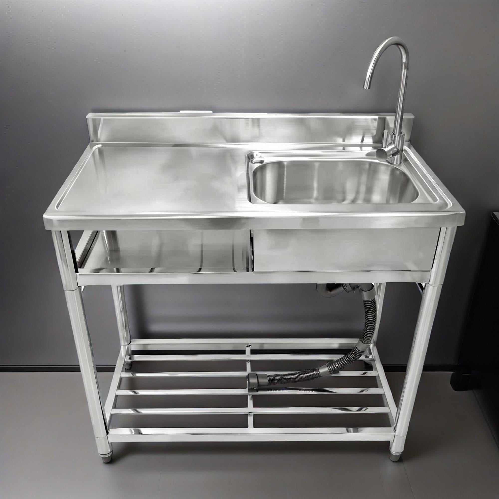Fortune Candy 39.3" Stainless Steel Kitchen Sink with Faucet - Free Standing Single Bowl Commercial Sink Set, Strainer & Shelf for Indoor/Outdoor