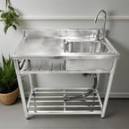 Fortune Candy 39.3" Stainless Steel Kitchen Sink with Faucet - Free Standing Single Bowl Commercial Sink Set, Strainer & Shelf for Indoor/Outdoor