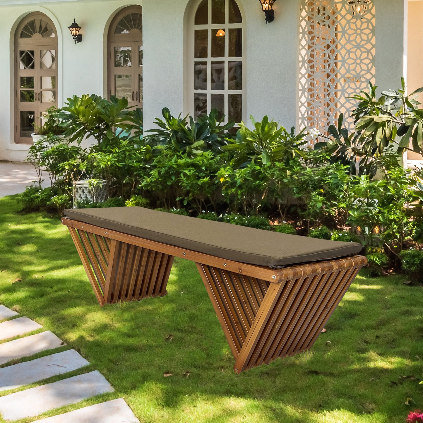 Fortune Candy 62.8" Solid Fir Wood Patio Bench - Weatherproof Cushion & Wood Varnish Coating for Outdoor (Brown)