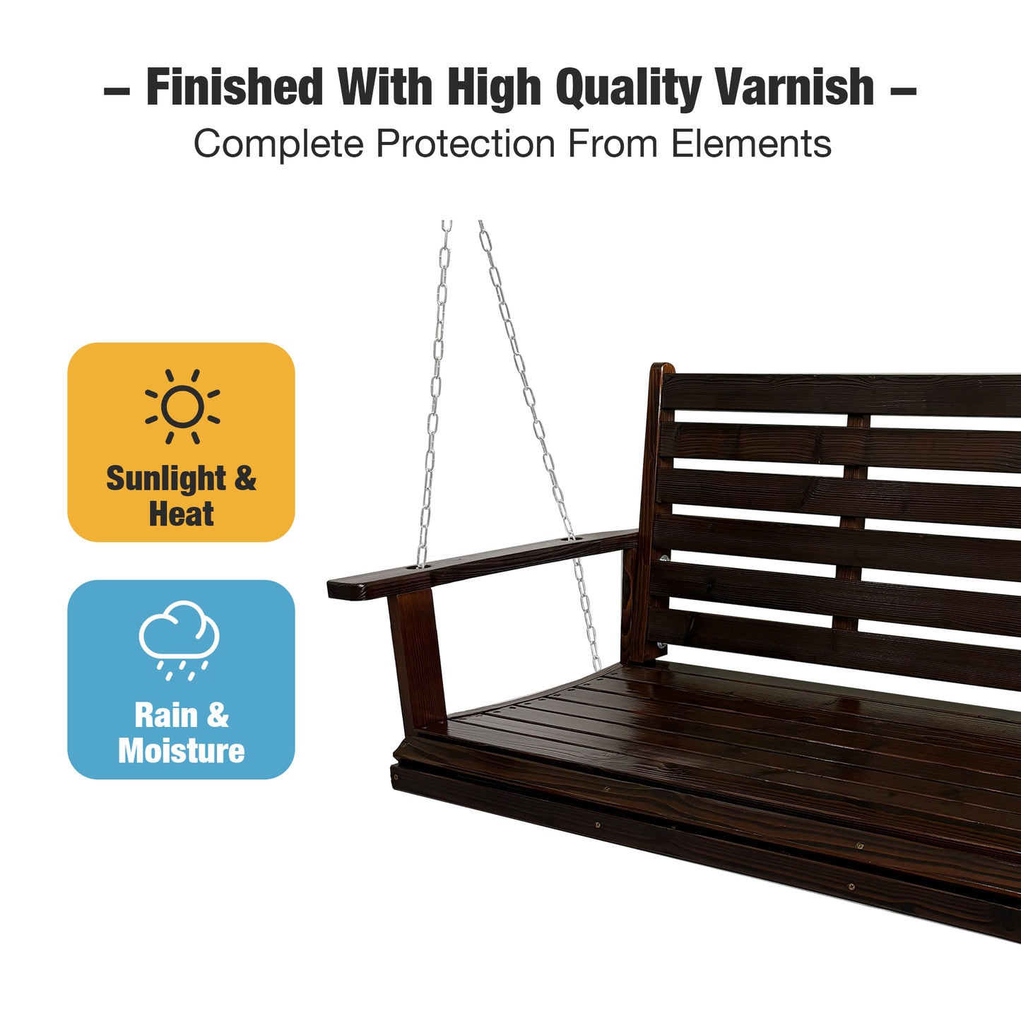 Fortune Candy Wooden Porch Swing 2-Seater Extra Large, Ergonomic Seat, Bench Swing with Hanging Chains, for Outdoor Patio Garden Yard (Deep Brown)