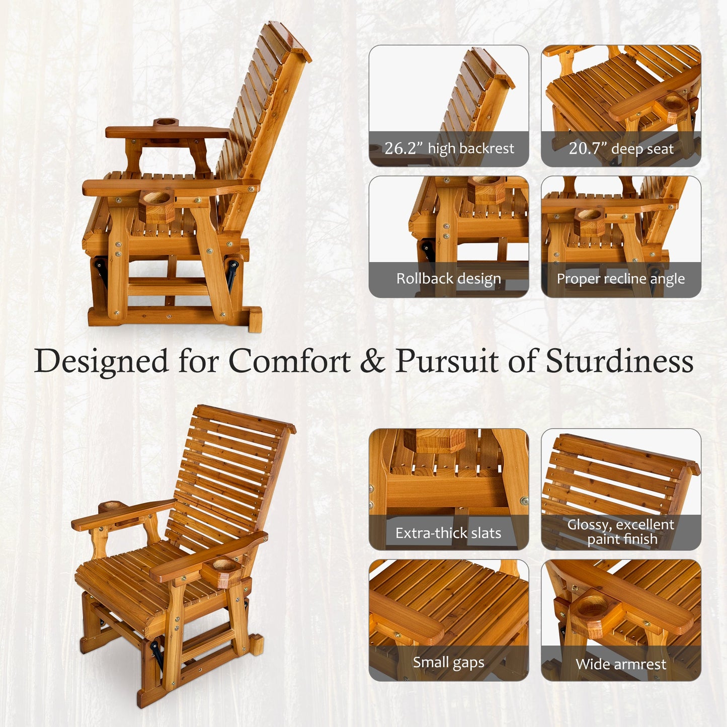 Fortune Candy Patio Glider with Cup Holders, High Roll Back and Deep Contoured Seat,Heavy Duty 600 Lb (Warm Brown, 1-Seater)