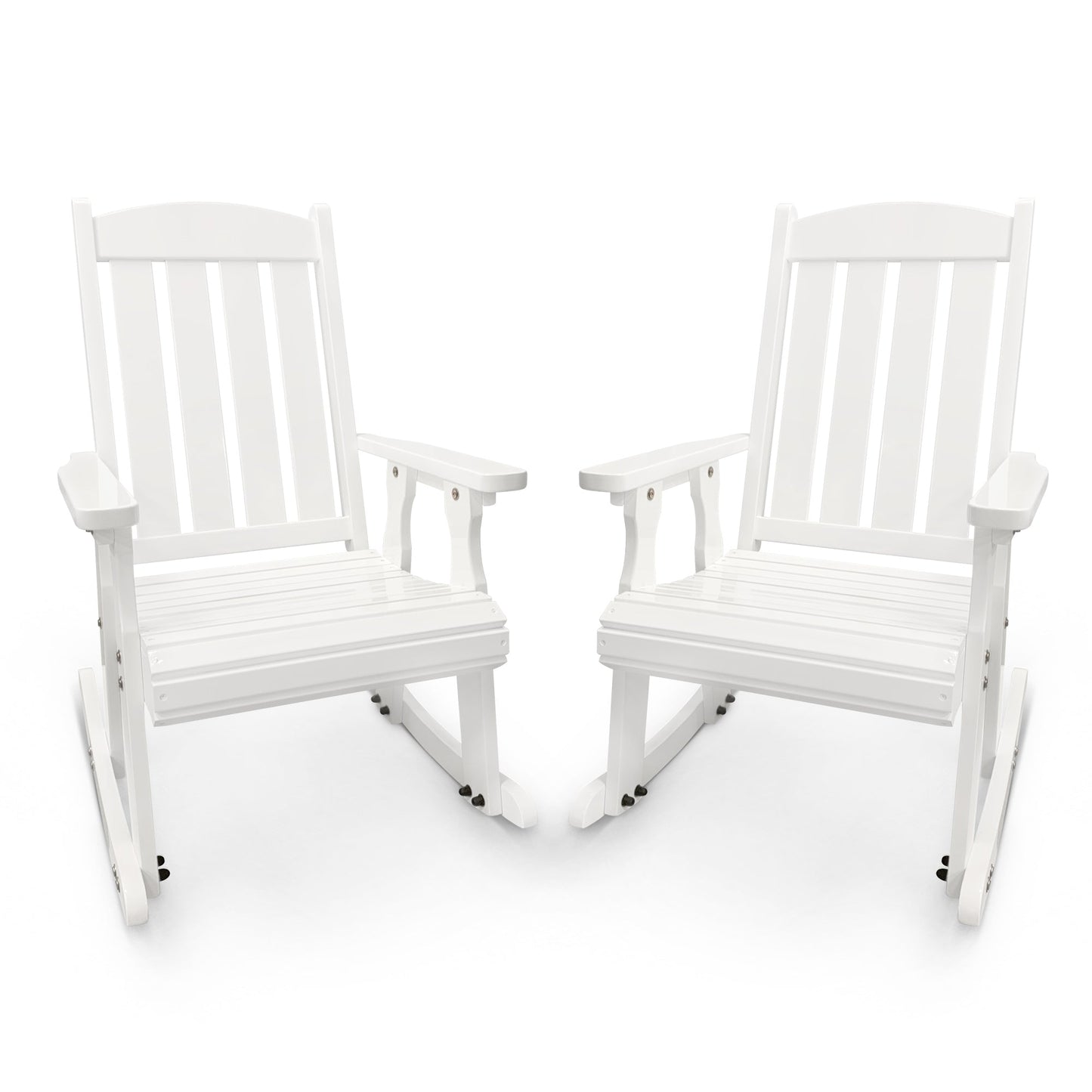 Wooden Patio Rocking Chair with Comfortable Backrest Inclination, High Backrest and Deep Contoured Seat, Solid Fir Wood, Heavy Duty 600 LBS, for Both Outdoor and Indoor (White - 3 Pieces)