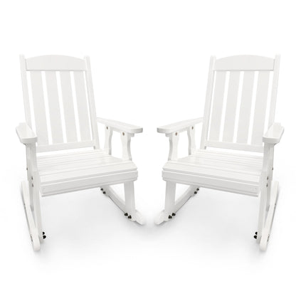 Wooden Patio Rocking Chair with Comfortable Backrest Inclination, High Backrest and Deep Contoured Seat, Solid Fir Wood, Heavy Duty 600 LBS, for Both Outdoor and Indoor (White - 3 Pieces)