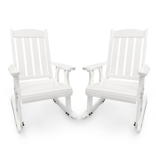 Wooden Patio Rocking Chair with Comfortable Backrest Inclination, High Backrest and Deep Contoured Seat, Solid Fir Wood, Heavy Duty 600 LBS, for Both Outdoor and Indoor (White - 3 Pieces)