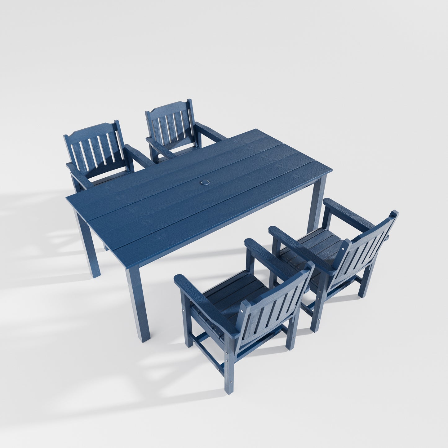 Fortune Candy 5 PCS Poly Lumber Outdoor Patio Dining Set, 70.9 in. Table with Umbrella Hole and Slat-Back Chairs, Navy Blue