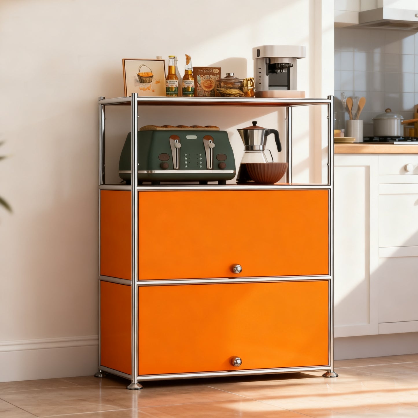 Fortune Candy 3 Tier Metal Storage Cabinet with Doors, Modern Organizer, Open Shelf for Dining Room or Living Space, Orange