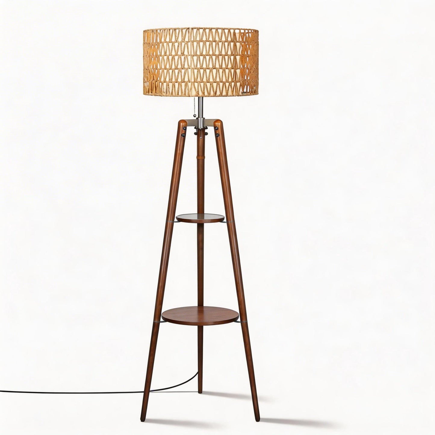 Fortune Candy 61'' Tall Boho Tripod Floor Lamp with Shelves, Mid-Century Modern Wood Standing Lamp with Rattan and Fabric Shades for Home, 2 Pallet