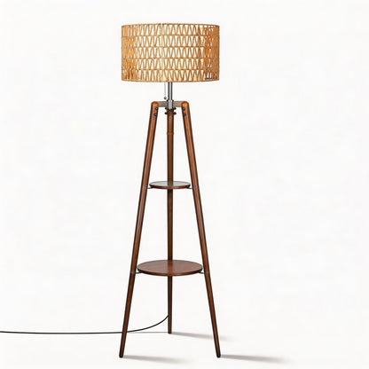 Fortune Candy 61'' Tall Boho Tripod Floor Lamp with Shelves, Mid-Century Modern Wood Standing Lamp with Rattan and Fabric Shades for Home, 2 Pallet