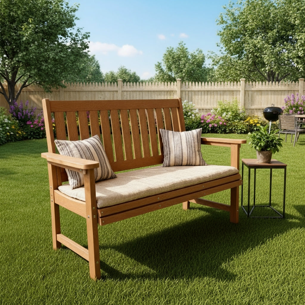 Fortune Candy 44 in. Poly Lumber Outdoor Bench, Teak Tone, HiPs Bench, for Patio, Porch, Garden, 700 lbs Weight Capacity (2-Person)