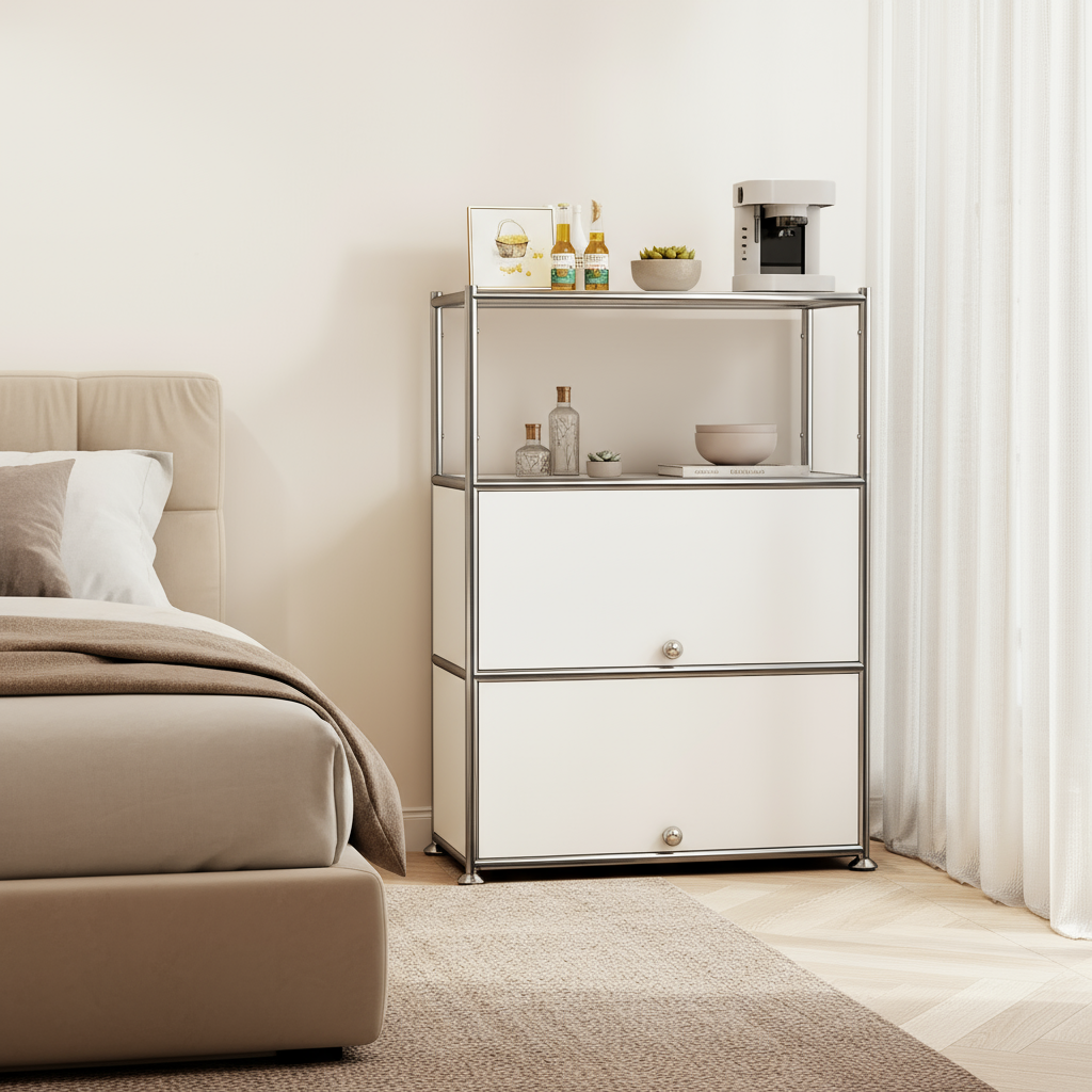 Fortune Candy 3 Tier Metal Storage Cabinet with Doors, Modern Organizer, Open Shelf for Dining Room or Living Space, White