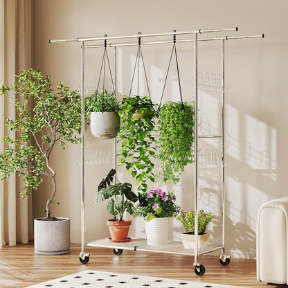 Fortune Candy 69.7" Tall Steel Rack with Extendable Hanging Bars, Side Hooks, and Lockable Wheels for Home, Office, and Display Use