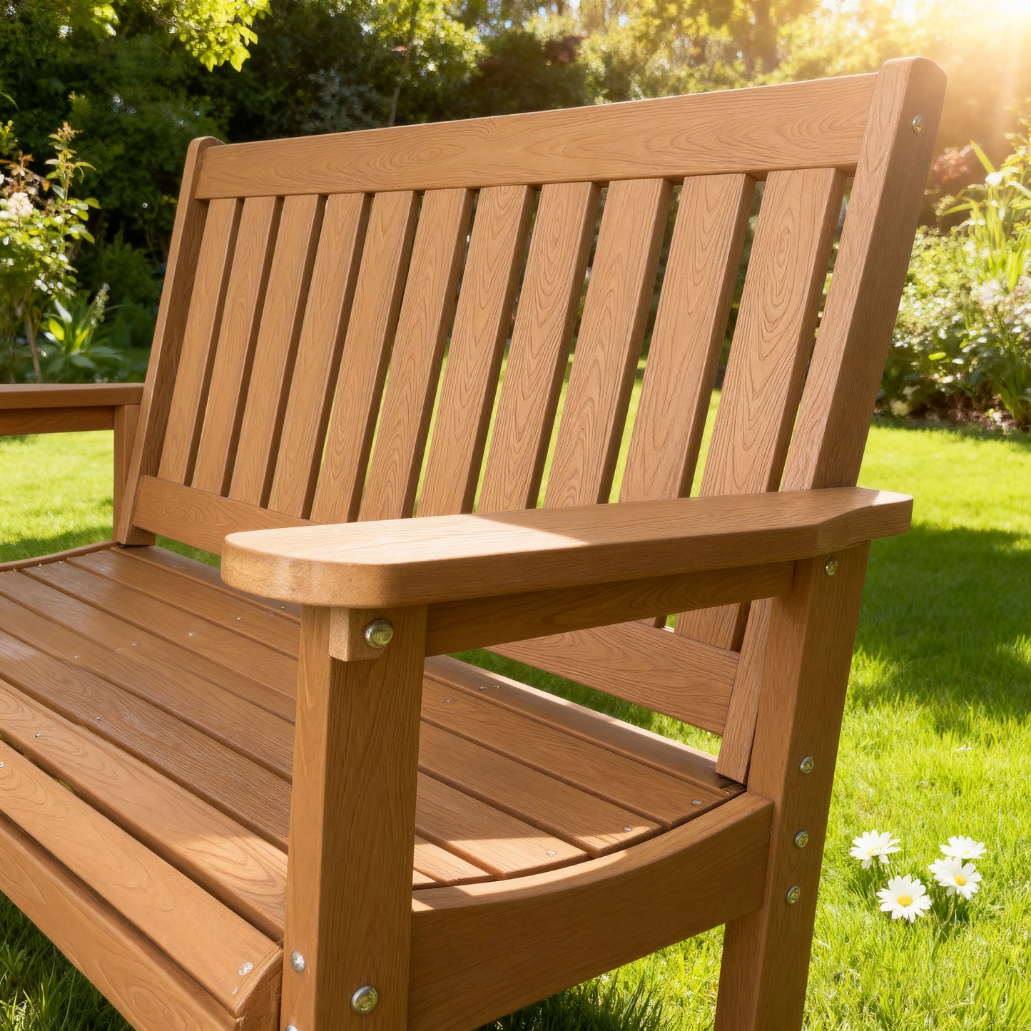 Fortune Candy 44 in. Poly Lumber Outdoor Bench, Teak Tone, HiPs Bench, for Patio, Porch, Garden, 700 lbs Weight Capacity (2-Person)