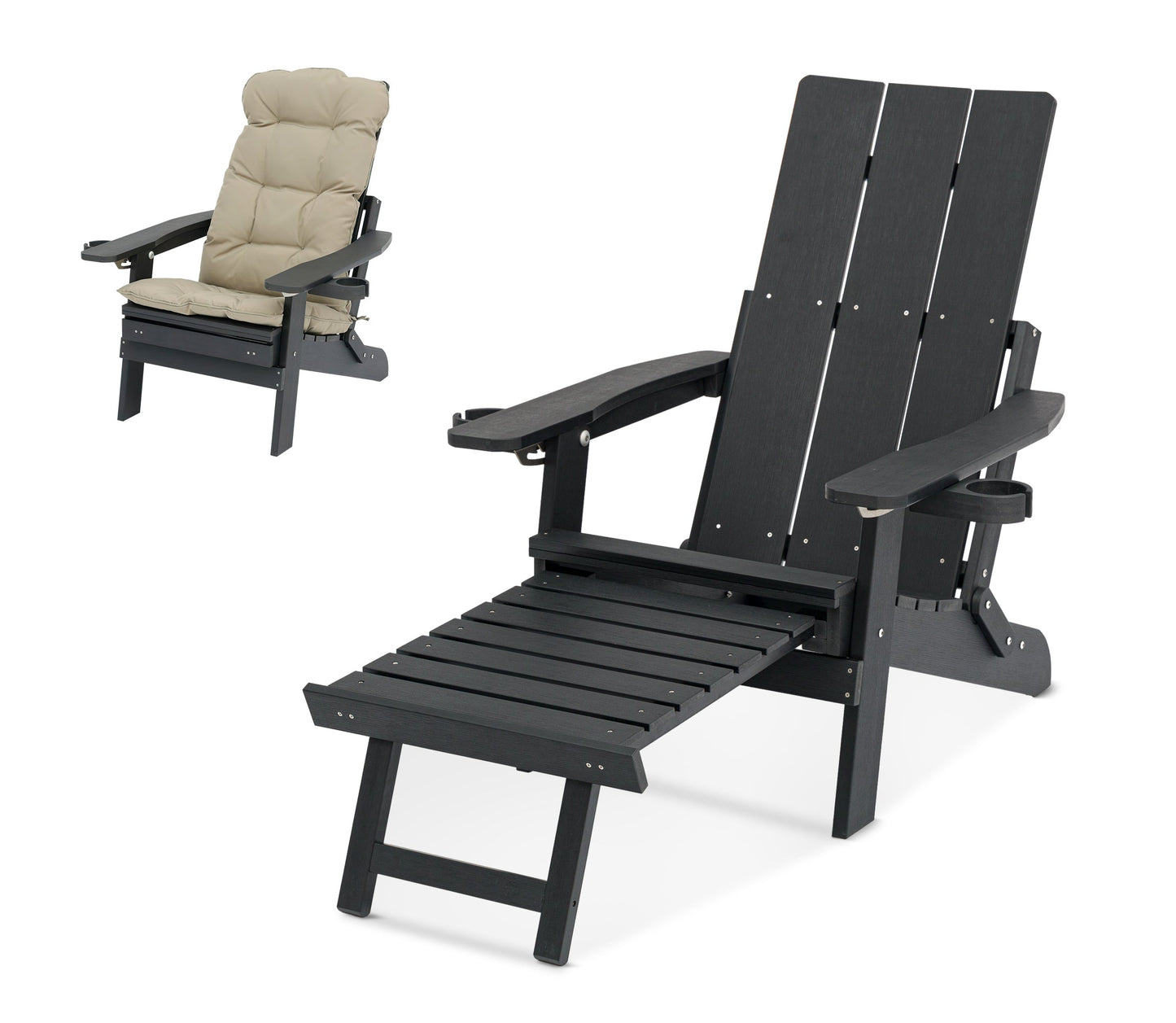 Poly Lumber Adirondack Chair with Cup Holders, Ottoman and Cushion, Adjustable Backrest, All-Weather Resistant HIPS Material, Wood-Like Pattern, Heavy Duty 700 LBS (Iron Black)