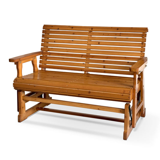 Wooden Patio Glider with High Roll Back and Deep Contoured Seat, Solid Fir Wood, 2-Seater, Heavy Duty 800 LBS, 4 Ft. (PU Brown)