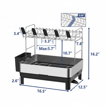 Fortune Candy 2-Tier Stainless Steel Dish Drying Rack for Kitchen Counter, Large Dish Rack with Utensil Holder and Rotating Drain Spout