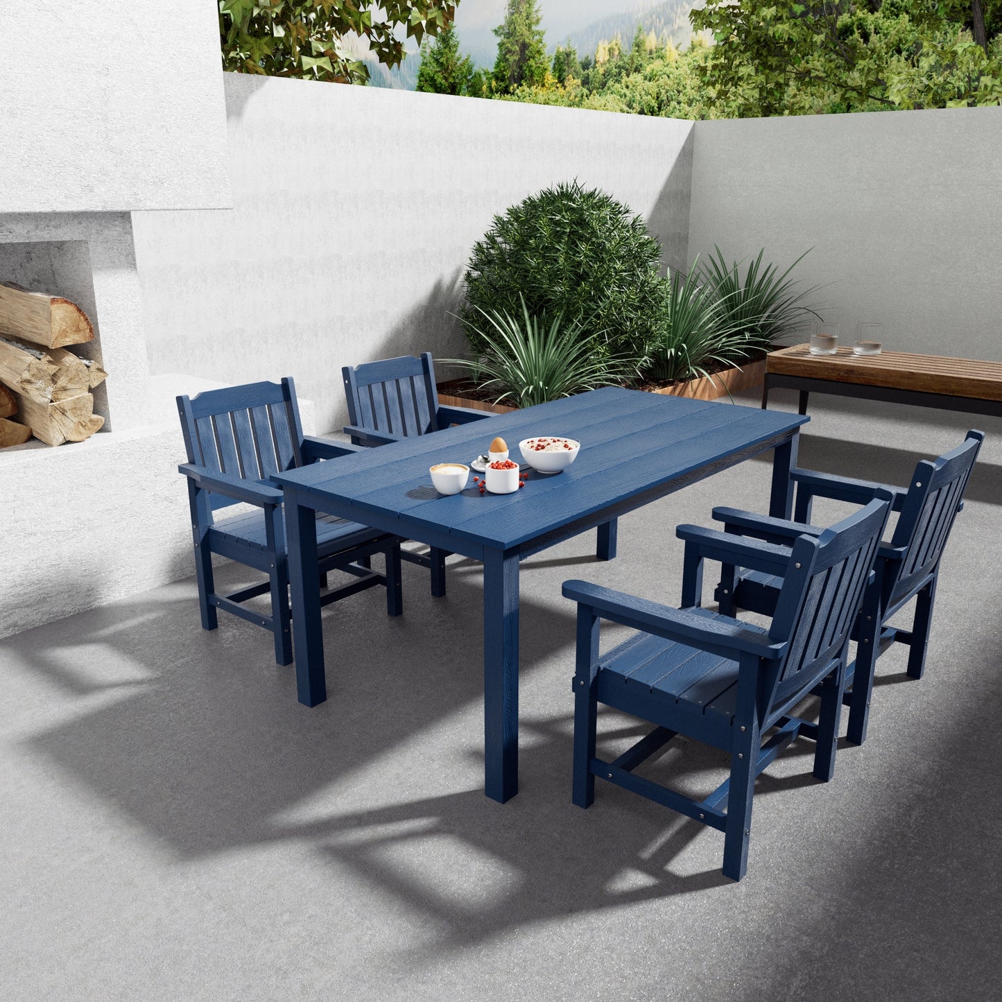 Fortune Candy 5 PCS Poly Lumber Outdoor Patio Dining Set, 70.9 in. Table with Umbrella Hole and Slat-Back Chairs, Navy Blue