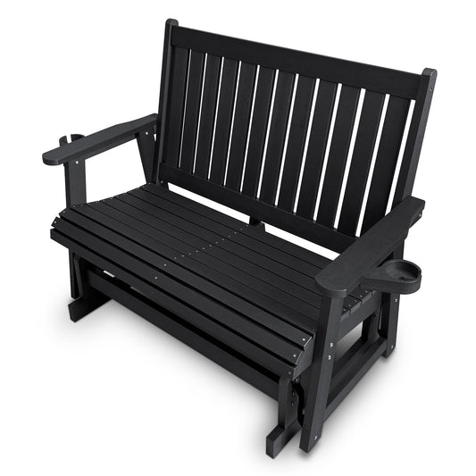 HIPS Patio Glider Two-Seat with Cup Holders, Durable HIPS Material, All-Weather Resistant, High Backrest and Deep Contoured Seat, Heavy Duty 900 LB, for Outdoor, Porch, Patio (Vanta Black)